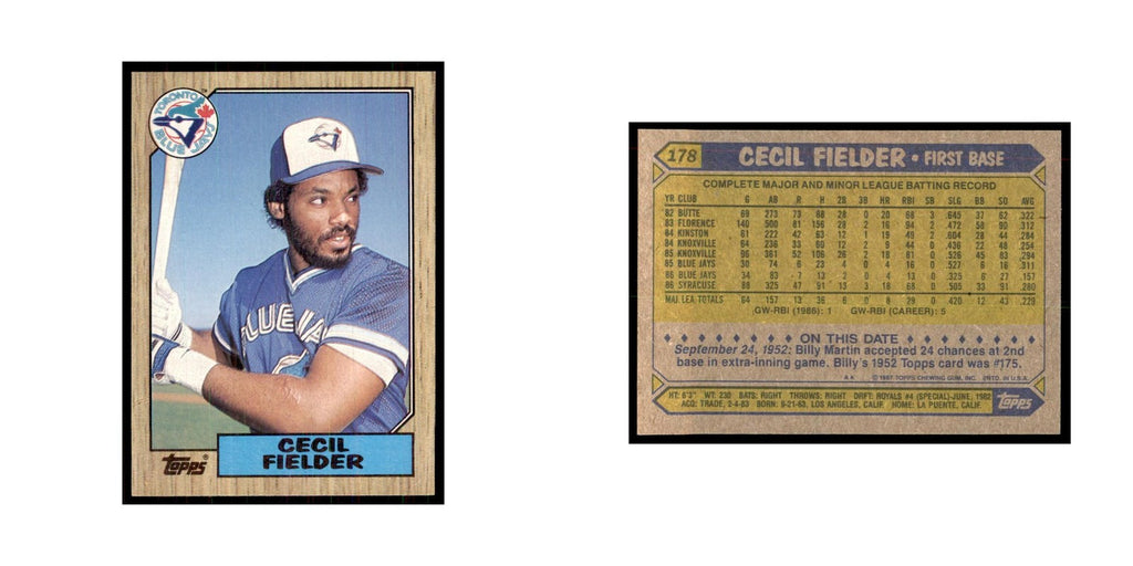 1987 Topps Baseball Card Cecil Fielder Blue Jays #178