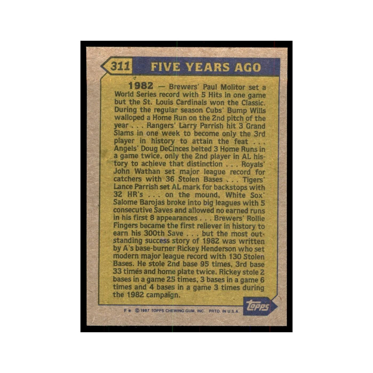 1987 Topps Baseball Card Rickey Henderson Athletics #311