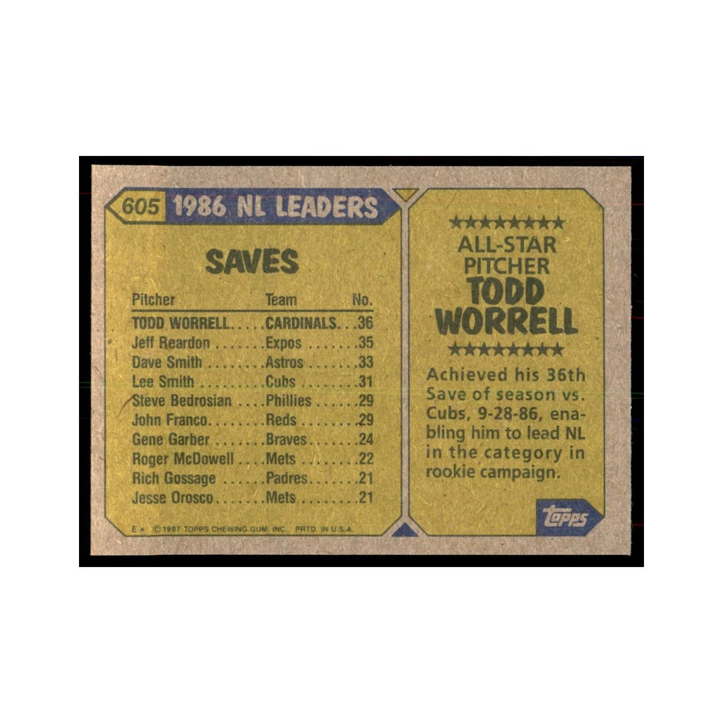 1987 Topps Baseball Card Todd Worrell Cardinals #605
