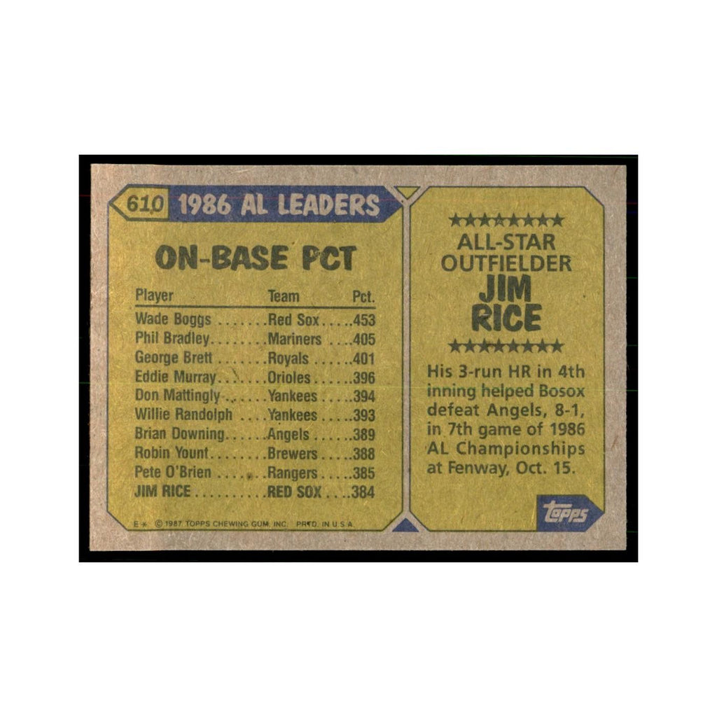 1987 Topps Baseball Card Jim Rice Red Sox #610