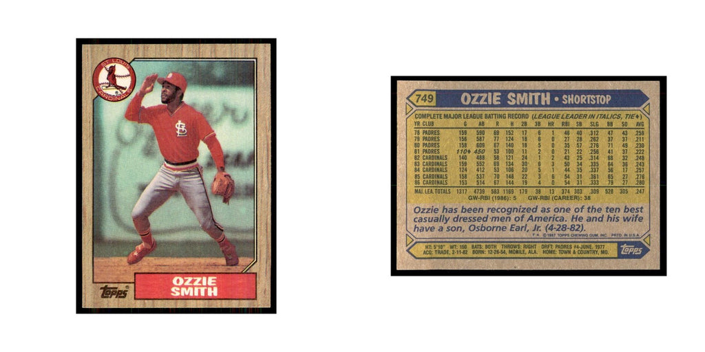 1987 Topps Baseball Card Ozzie Smith Cardinals #749