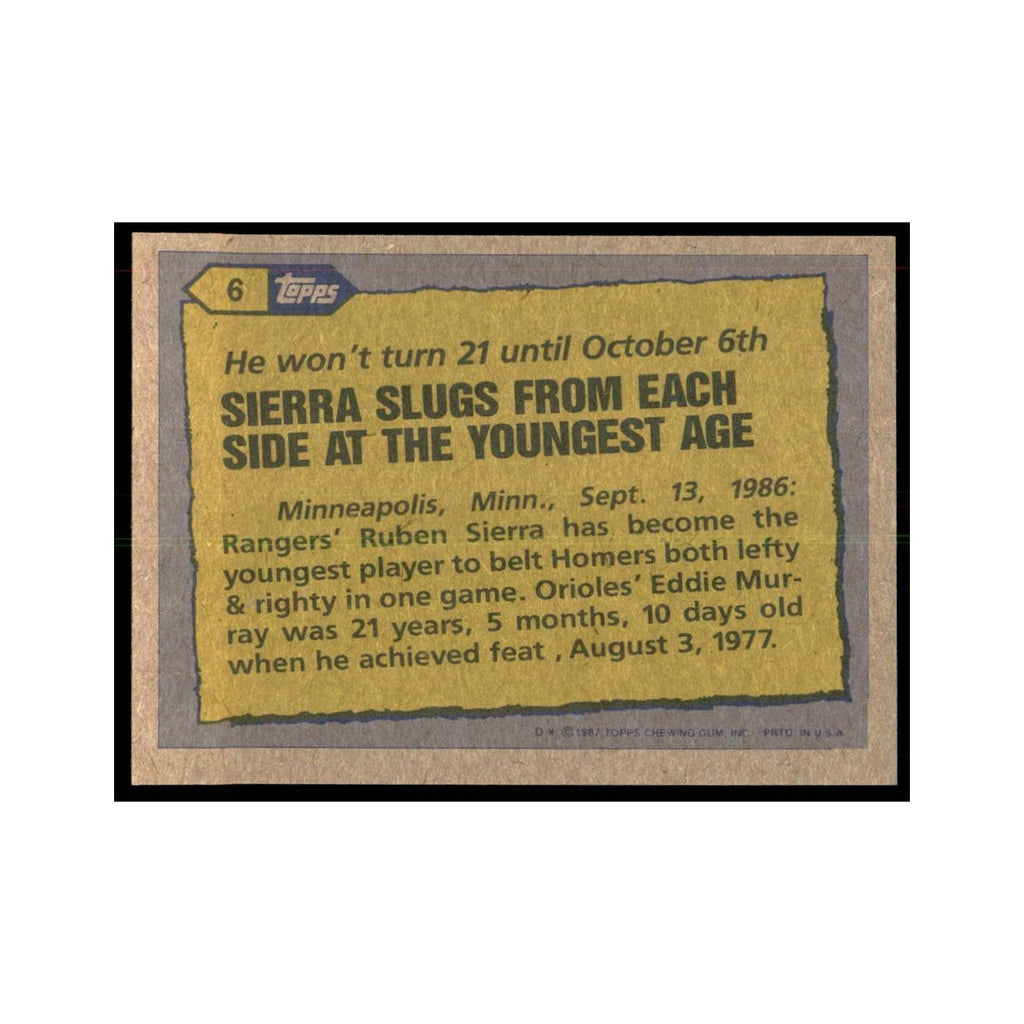 1987 Topps Baseball Card Ruben Sierra Rangers #6