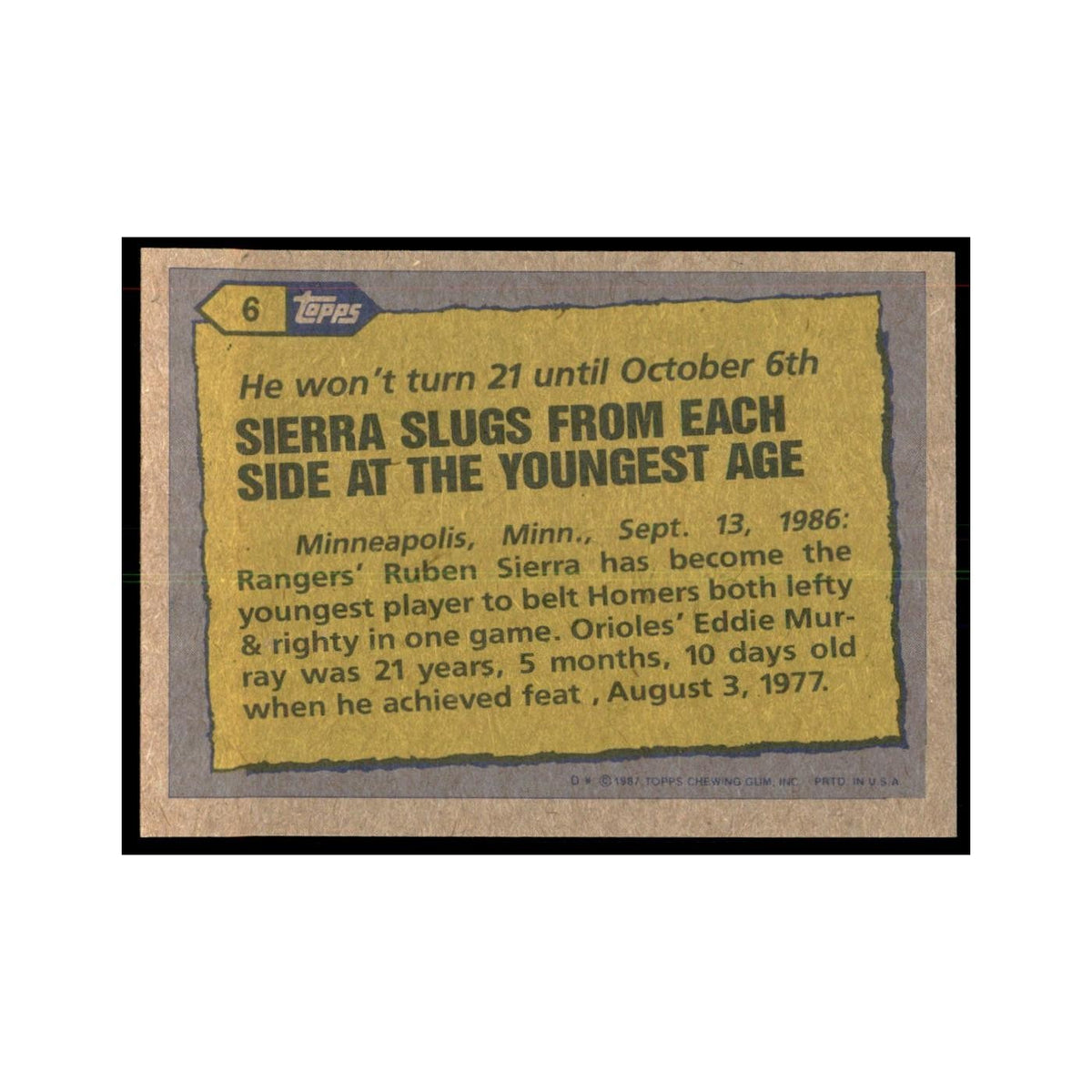 1987 Topps Baseball Card Ruben Sierra Rangers #6