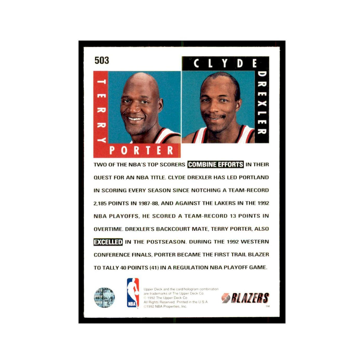 1992 Upper Deck Terry Porter/Clyde Drexler Basketball Cards #503