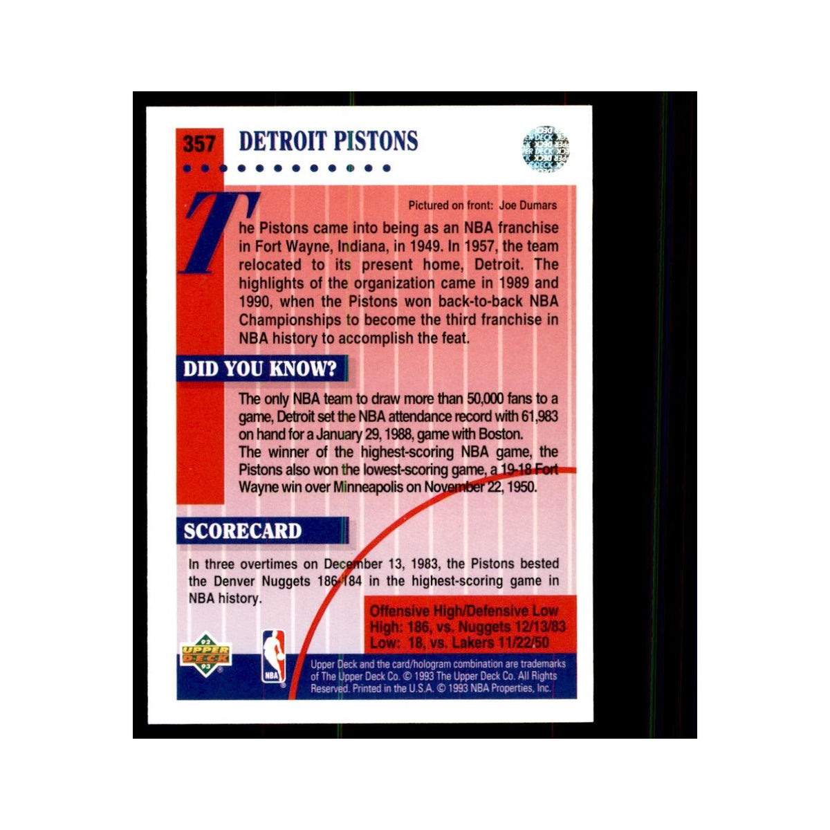 1992 Upper Deck Detroit Pistons Basketball Cards #357