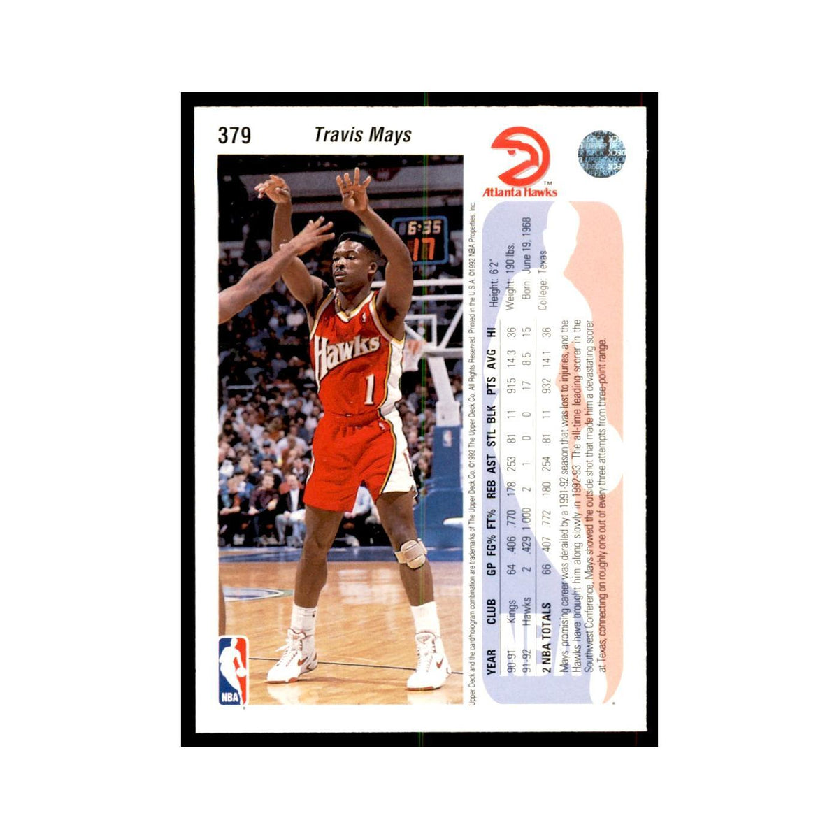 1992 Upper Deck Travis Mays Basketball Cards #379