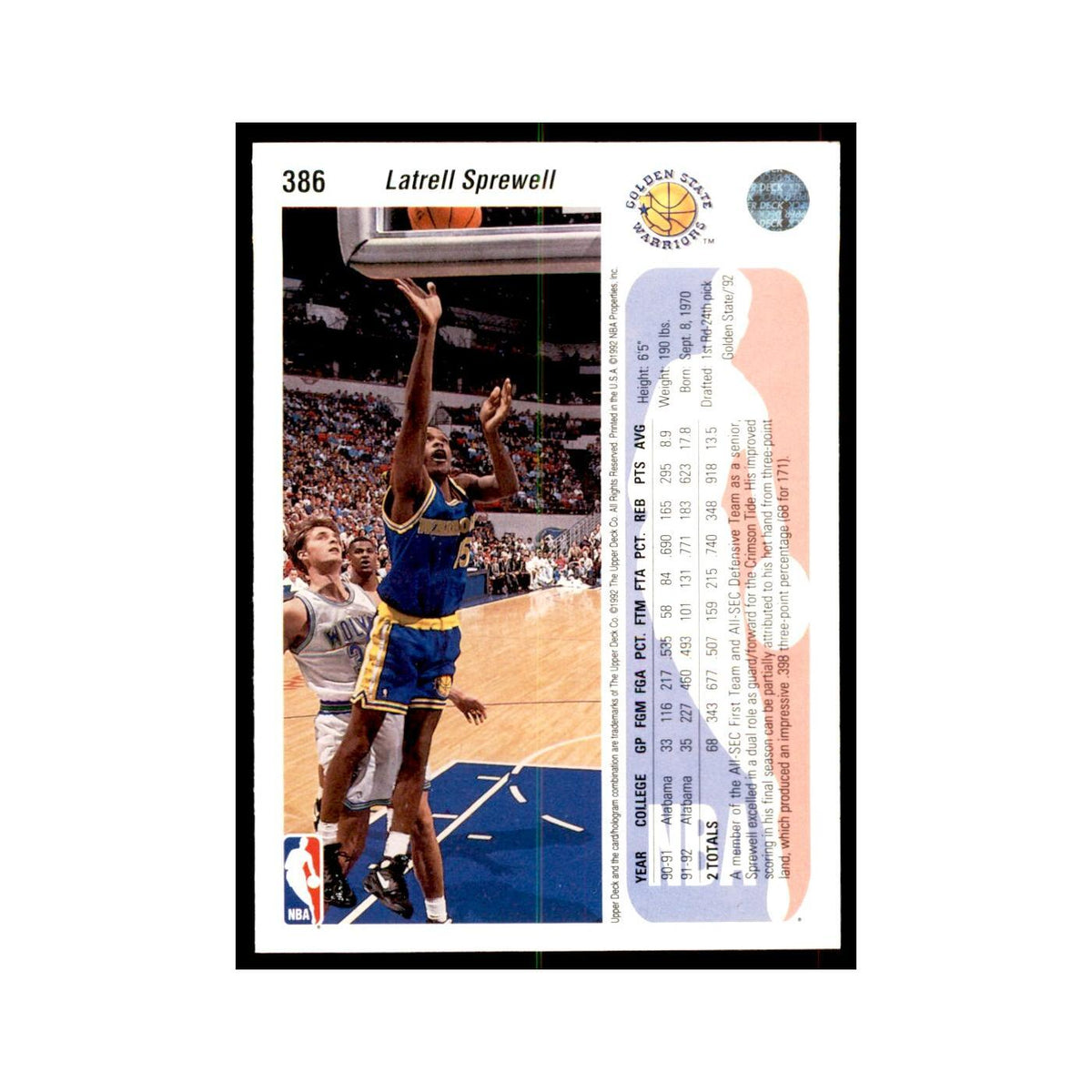 1992 Upper Deck Latrell Sprewell Basketball Cards #386