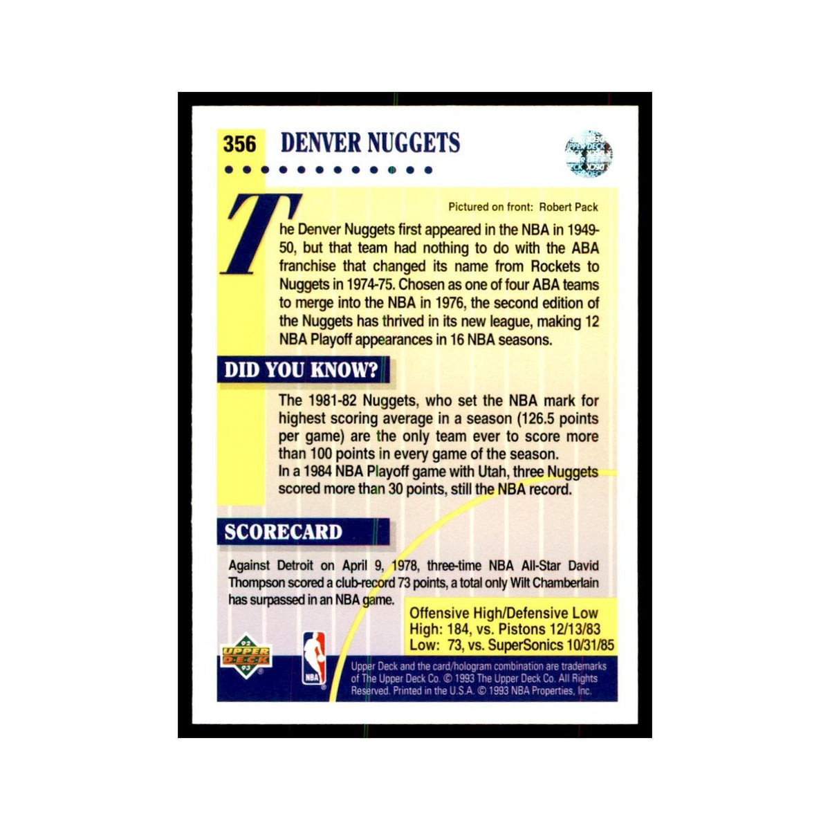 1992 Upper Deck Denver Nuggets Basketball Cards #356