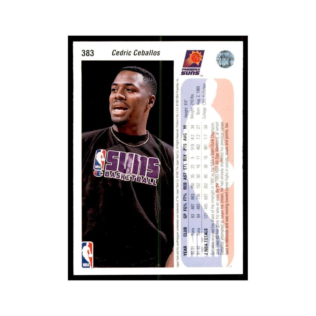 1992 Upper Deck Cedric Ceballos Basketball Cards #383