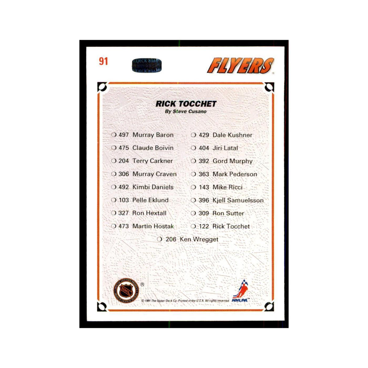 1991 Upper Deck Rick Tocchet Hockey Cards #91