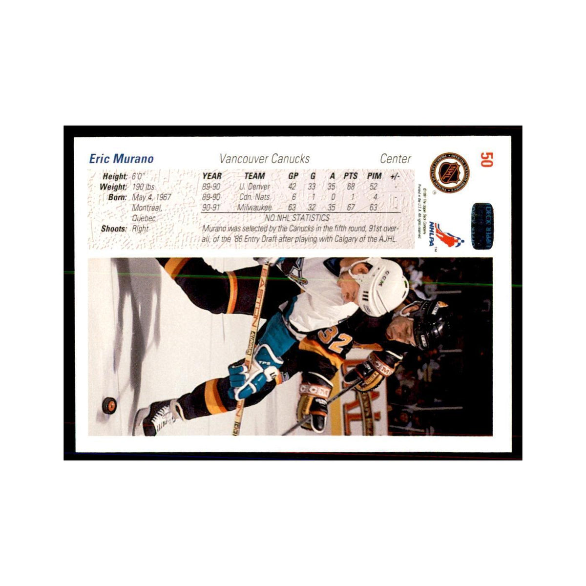 1991 Upper Deck Eric Murano Hockey Cards #50