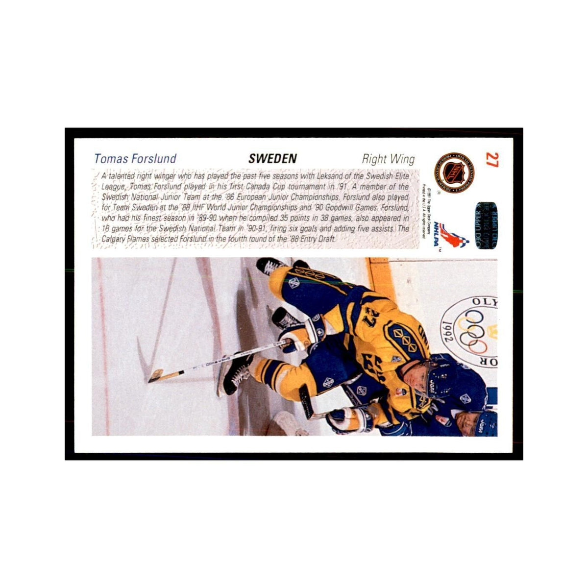 1991 Upper Deck Tomas Forslund Hockey Cards #27
