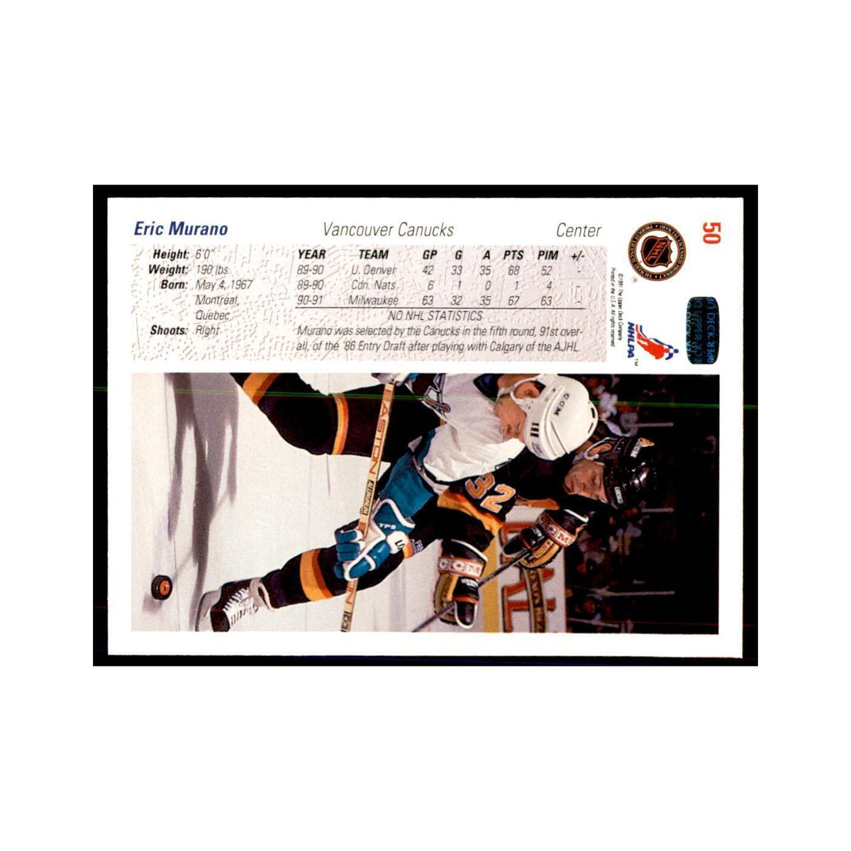 1991 Upper Deck Eric Murano Hockey Cards #50