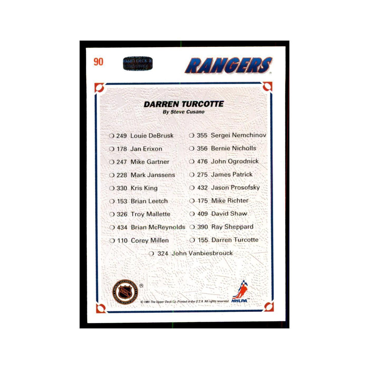 1991 Upper Deck Darren Turcotte Hockey Cards #90