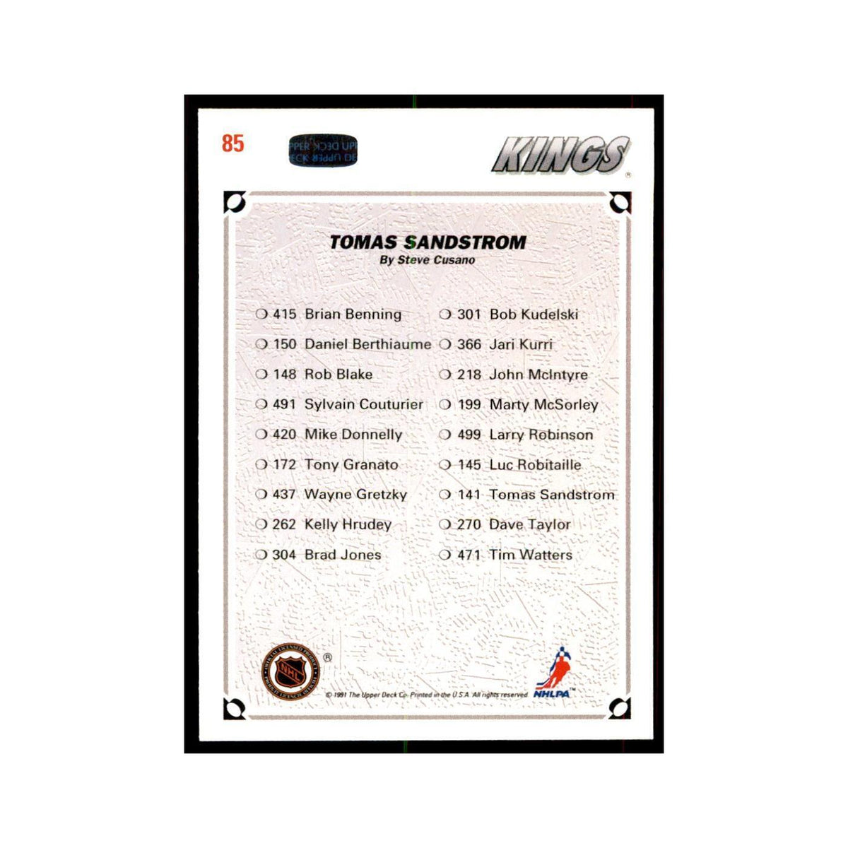 1991 Upper Deck Tomas Sandstrom Hockey Cards #85