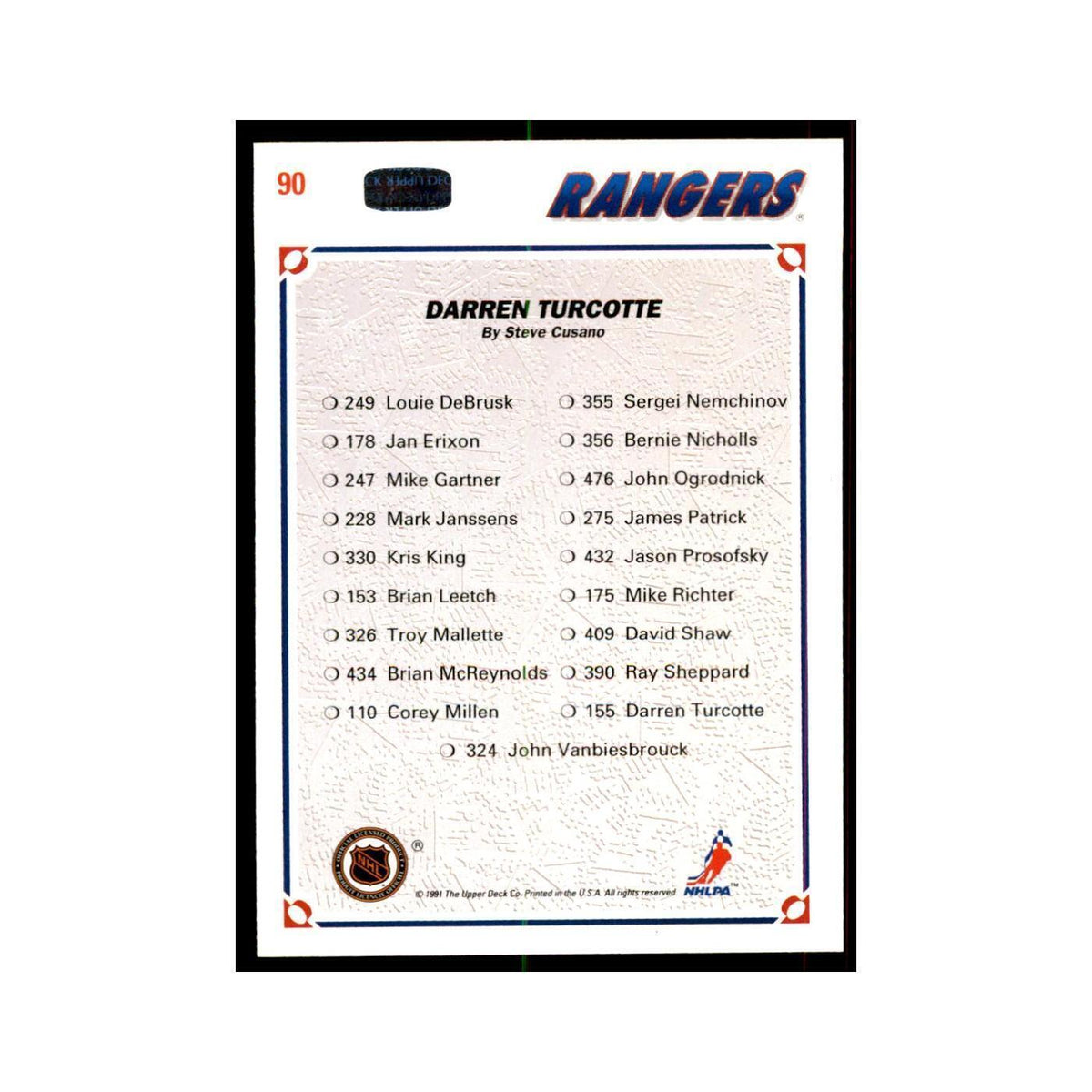 1991 Upper Deck Darren Turcotte Hockey Cards #90