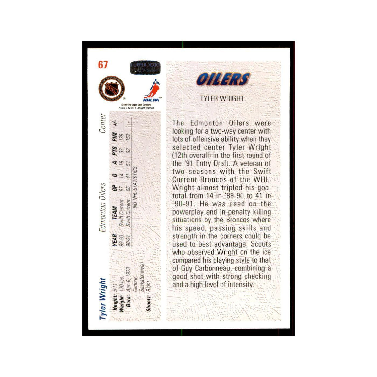 1991 Upper Deck Tyler Wright Hockey Cards #67
