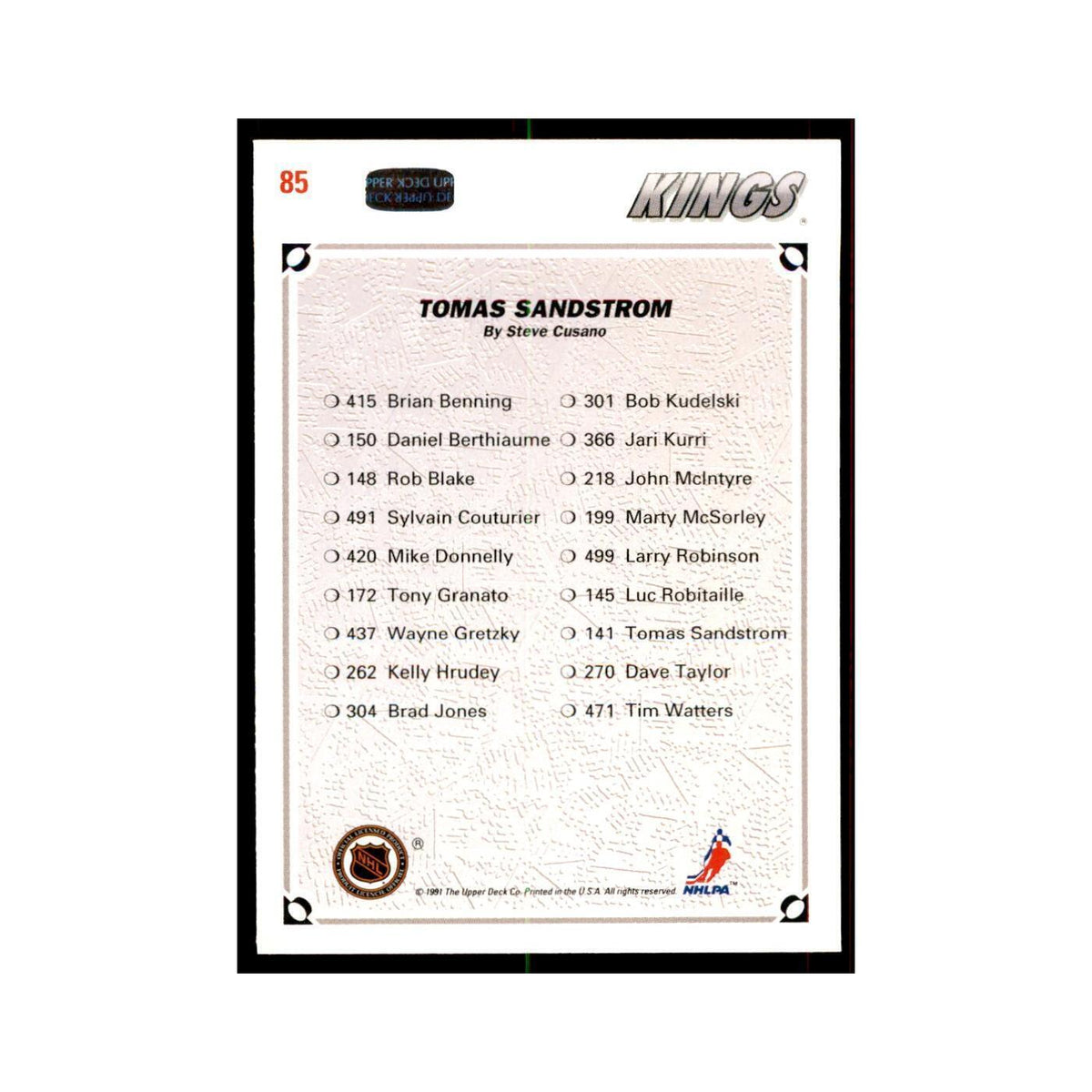 1991 Upper Deck Tomas Sandstrom Hockey Cards #85