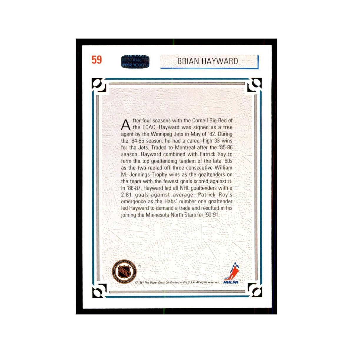 1991 Upper Deck Brian Hayward Hockey Cards #59