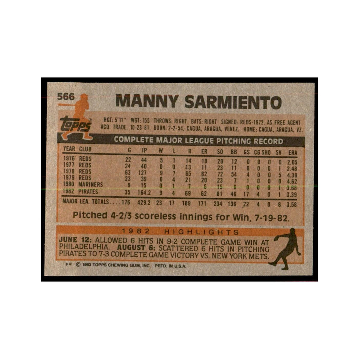 1983 Topps Manny Sarmiento Baseball Cards #566