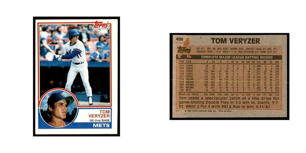 1983 Topps Tom Veryzer Baseball Cards #496