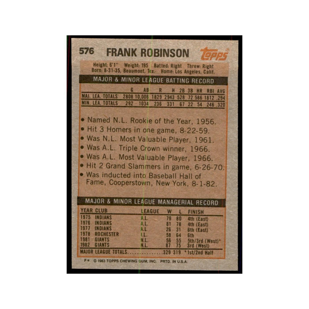 1983 Topps Frank Robinson Baseball Cards #576