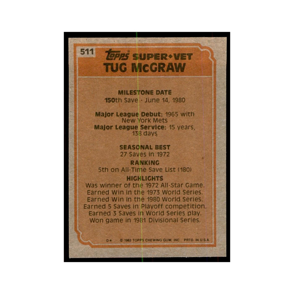 1983 Topps Tug McGraw Baseball Cards #511