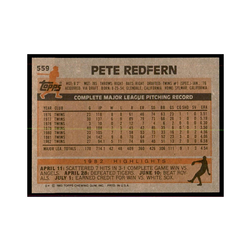 1983 Topps Pete Redfern Baseball Cards #559