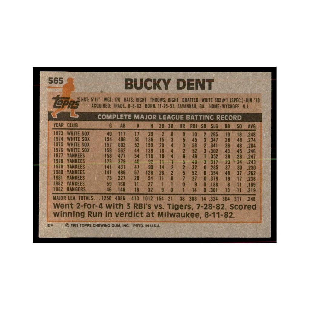 1983 Topps Bucky Dent Baseball Cards #565