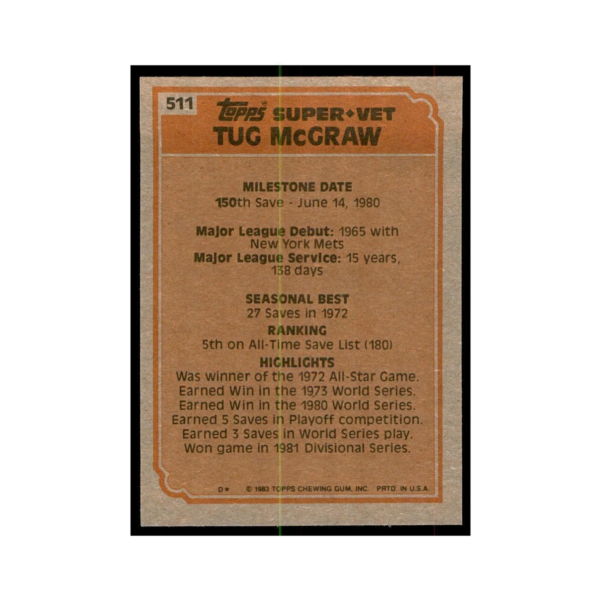 1983 Topps Tug McGraw Baseball Cards #511