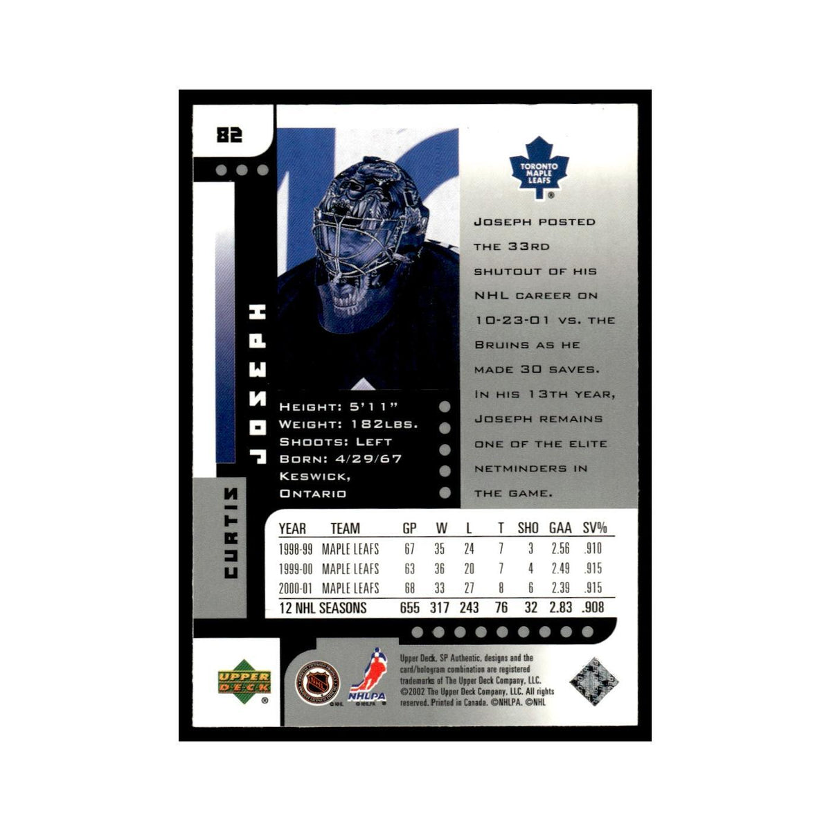 Curtis Joseph 2001 Upper Deck SP Authentic #82 Toronto Maple Leafs NM