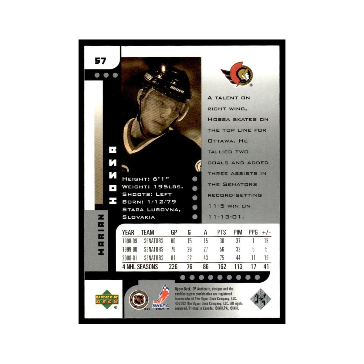 Marian Hossa 2001 Upper Deck SP Authentic #57 Ottawa Senators Hockey Card NM
