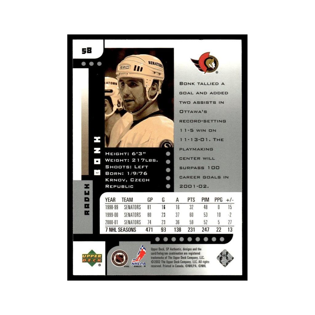 Radek Bonk 2001 Upper Deck SP Authentic #58 Ottawa Senators Hockey Card NM