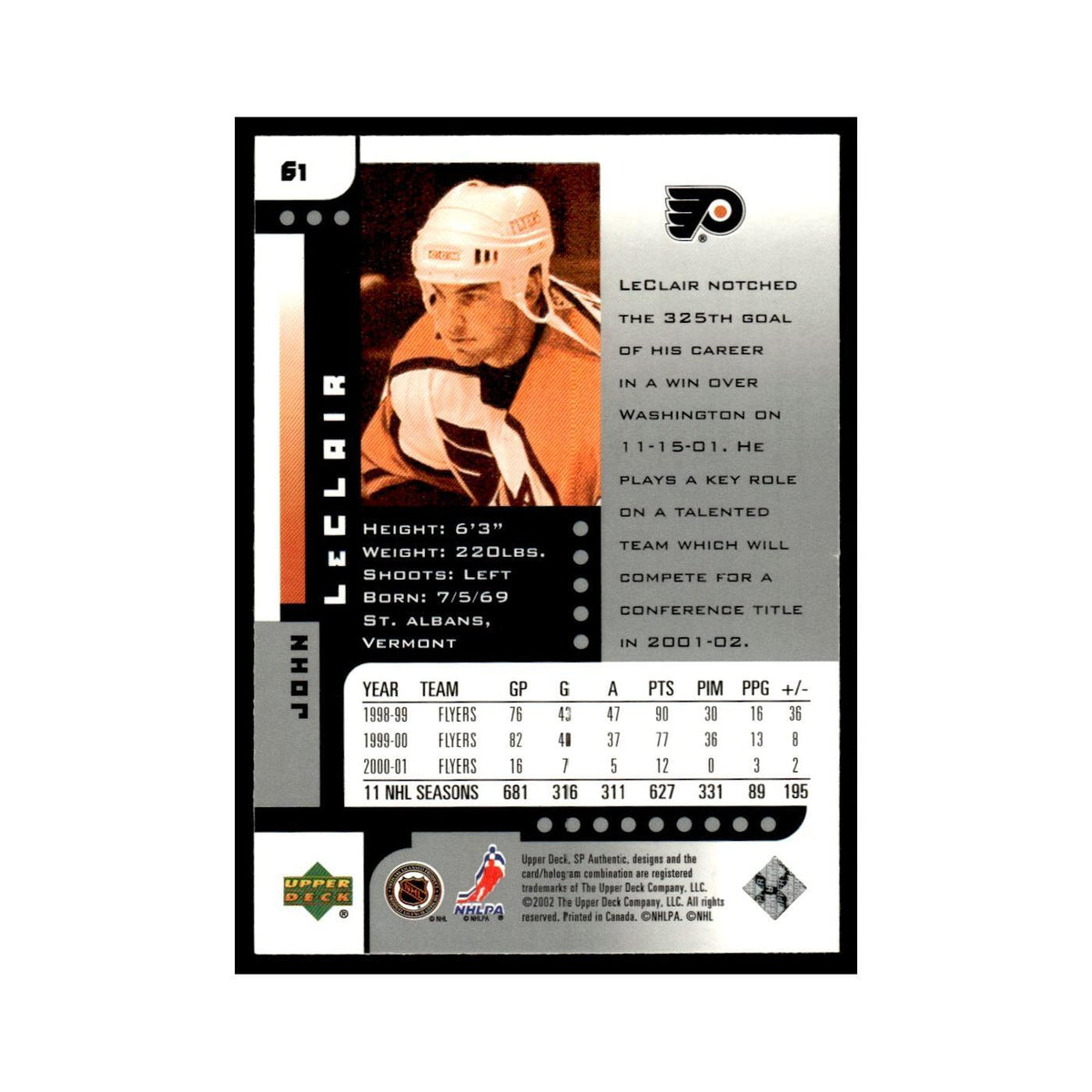 John LeClair 2001 Upper Deck SP Authentic #61 Philadelphia Flyers Hockey Card NM