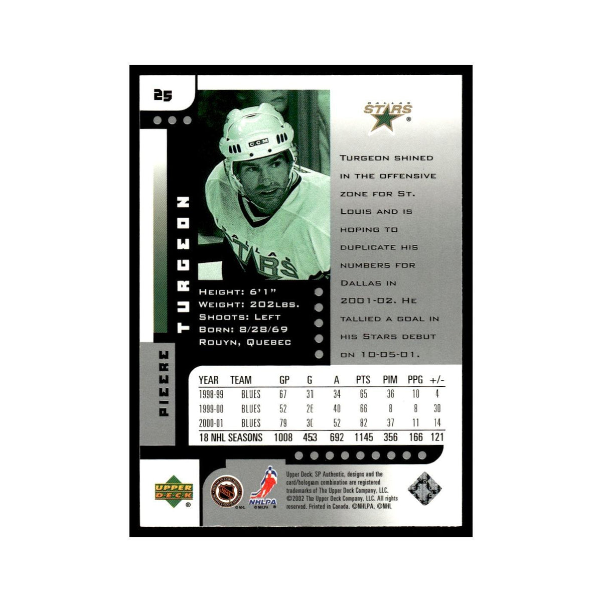 Pierre Turgeon 2001 Upper Deck SP Authentic #25 Dallas Stars Hockey Card NM