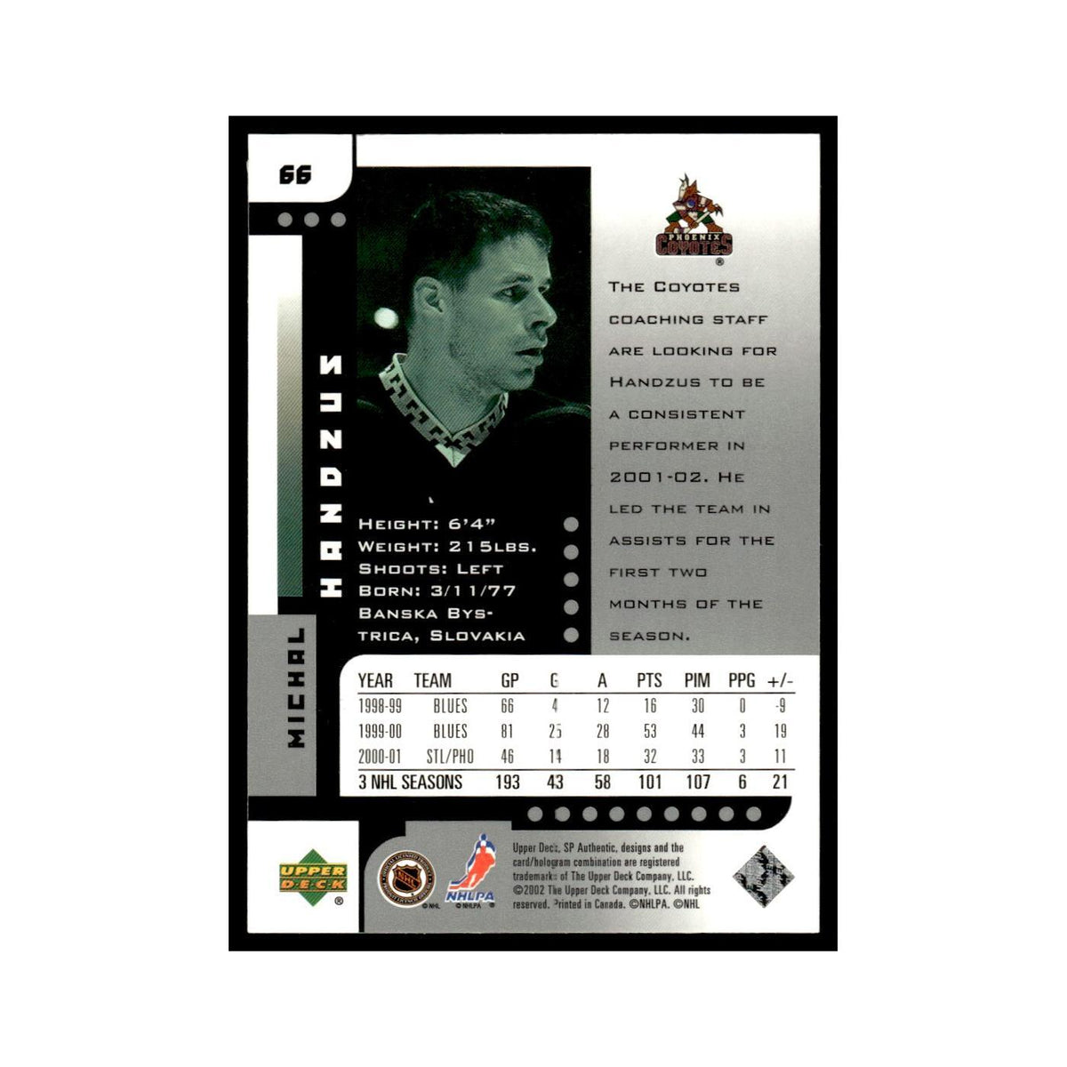 Michael Handzus 2001 Upper Deck SP Authentic #66 Phoenix Coyotes Hockey Card NM