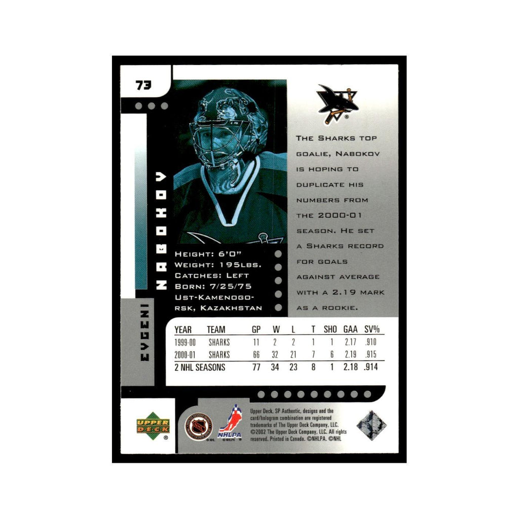 Evgeni Nabokov 2001 Upper Deck SP Authentic #73 San Jose Sharks Hockey Card NM
