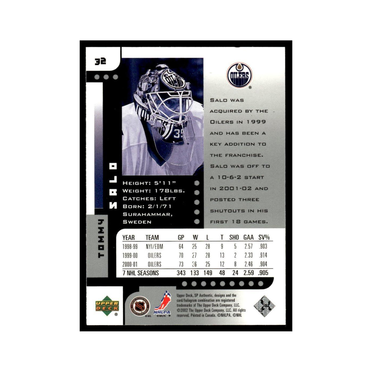Tommy Salo 2001 Upper Deck SP Authentic #32 Edmonton Oilers Hockey Card NM