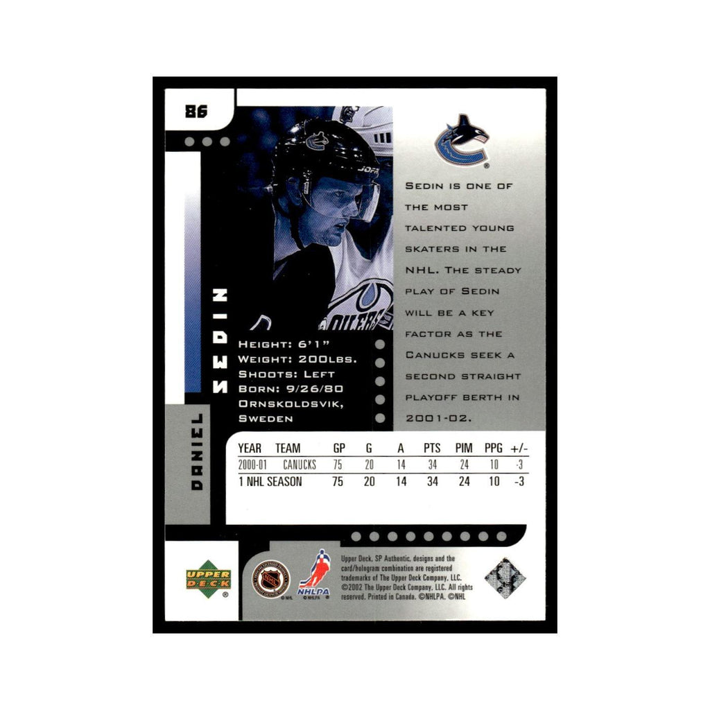 Daniel Sedin 2001 Upper Deck SP Authentic #86 Vancouver Canucks Hockey Card NM