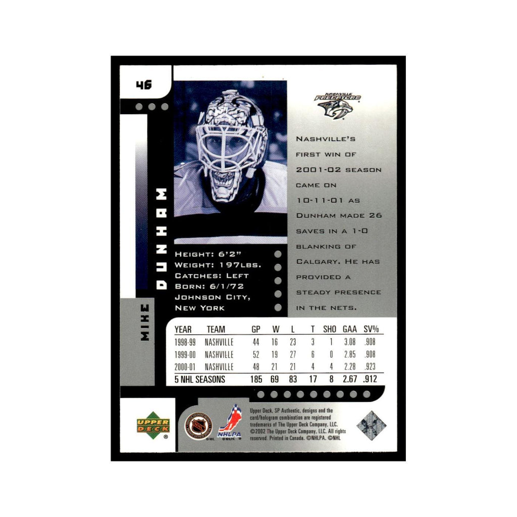 Mike Dunham 2001 Upper Deck SP Authentic #46 Nashville Predators Hockey Card NM