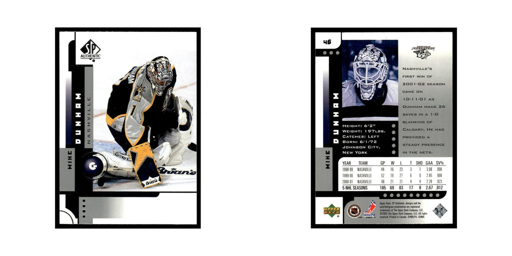 Mike Dunham 2001 Upper Deck SP Authentic #46 Nashville Predators Hockey Card NM