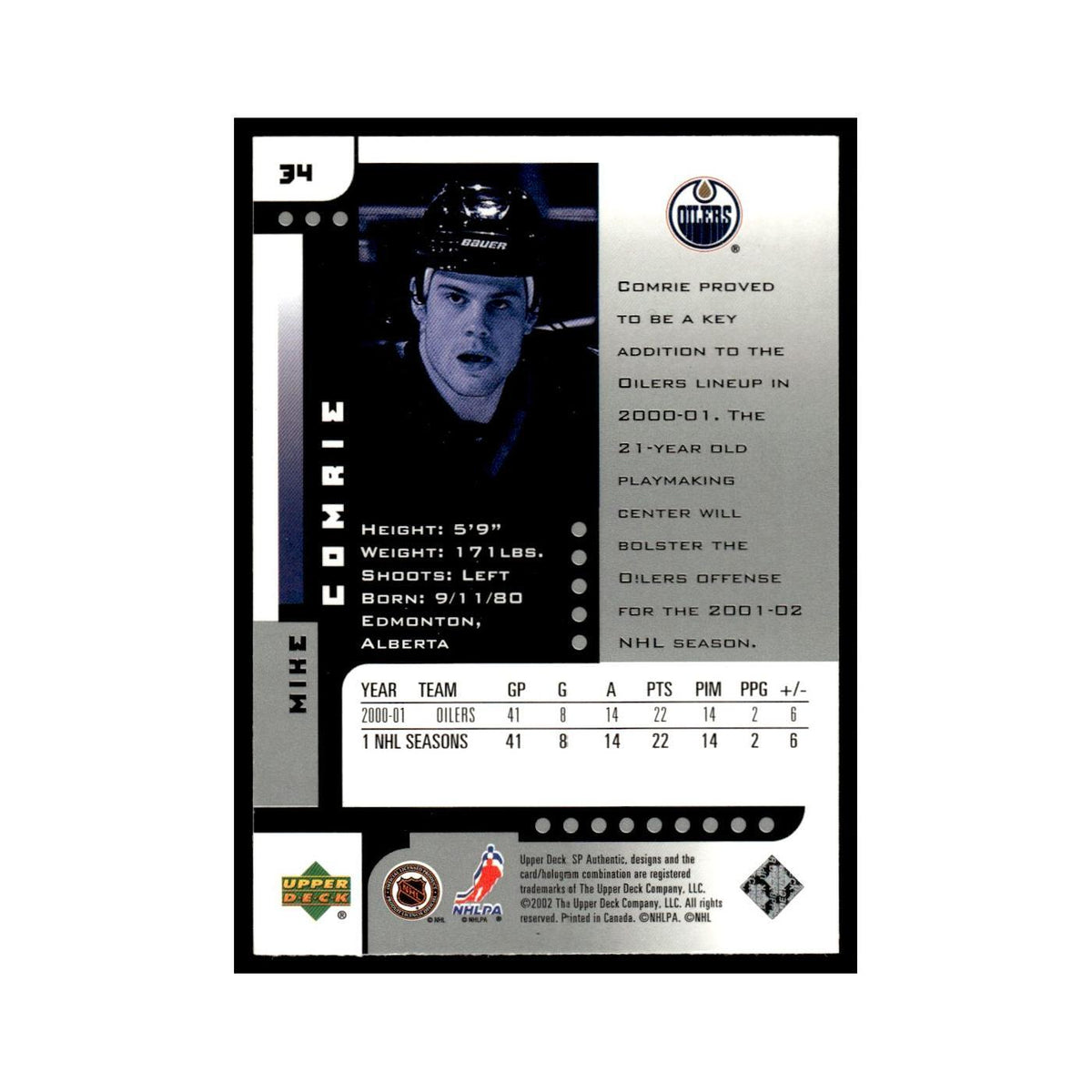 Mike Comrie 2001 Upper Deck SP Authentic #34 Edmonton Oilers Hockey Card NM