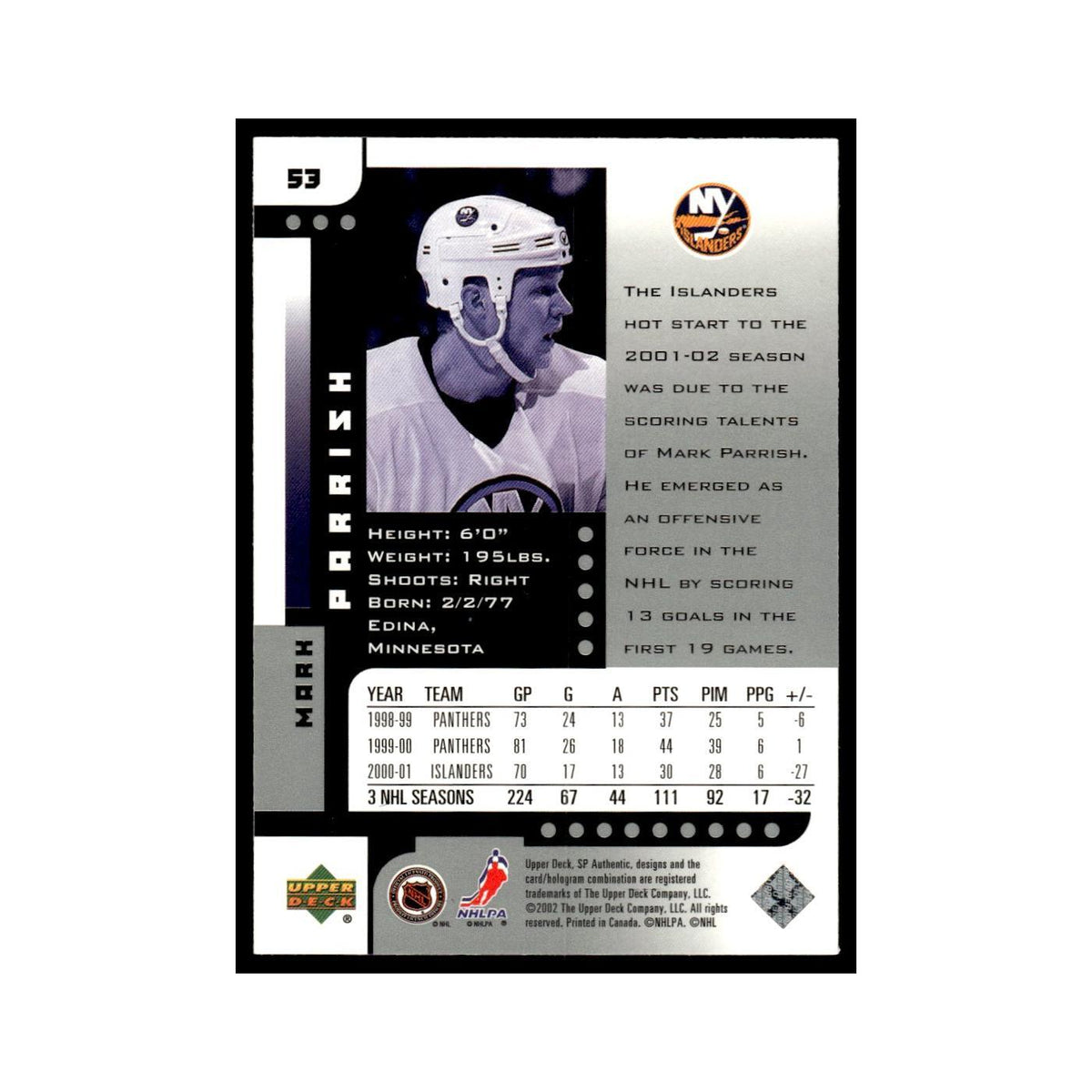 Mark Parrish 2001 Upper Deck SP Authentic #53 New York Islanders Hockey Card NM