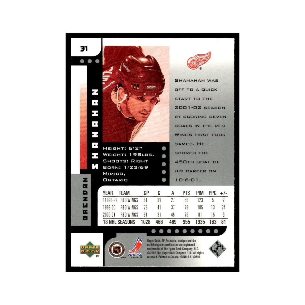 Brendan Shanahan 2001 Upper Deck SP Authentic #31 Detroit Red Wings NM