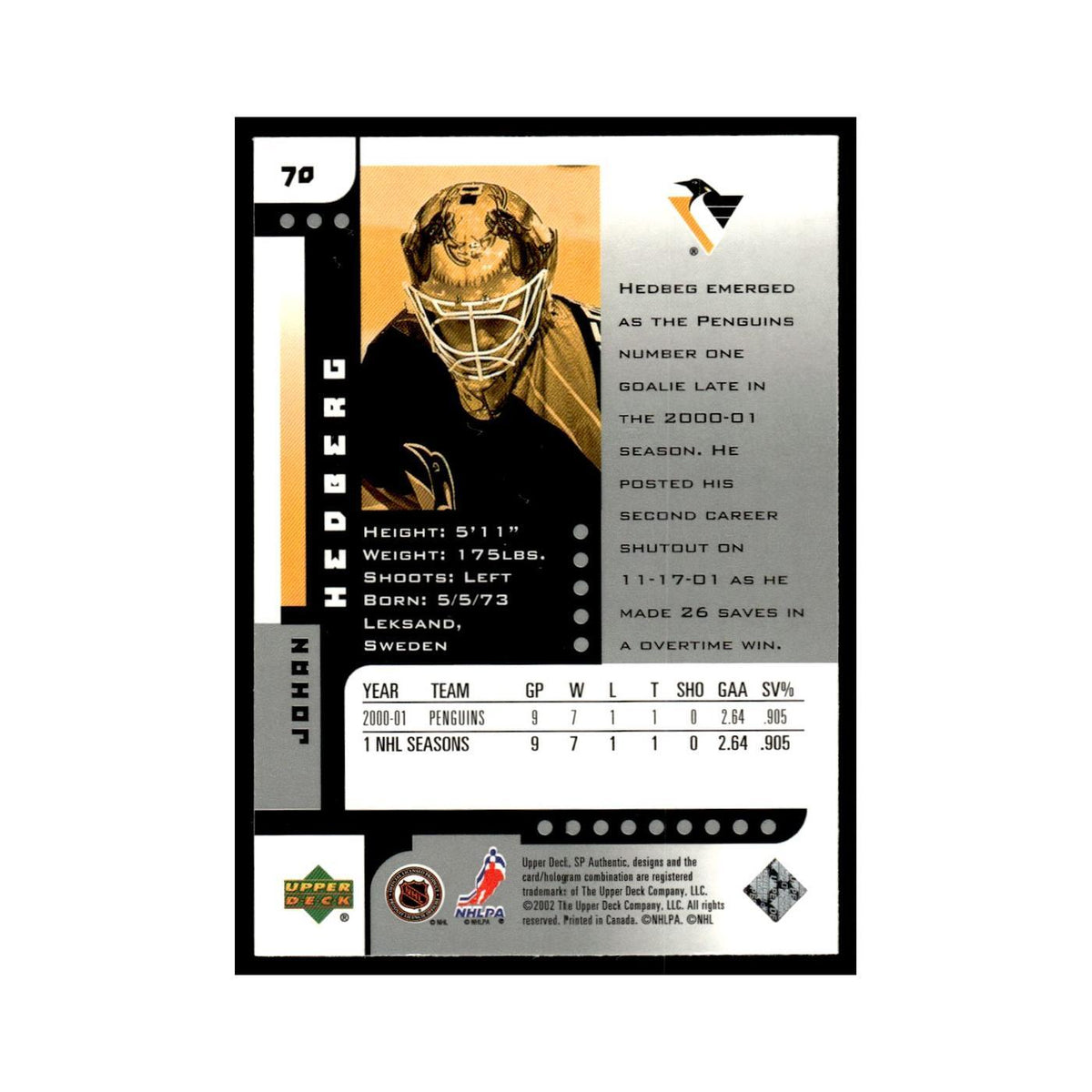 Johan Hedberg 2001 Upper Deck SP Authentic #70 Pittsburgh Penguins NM