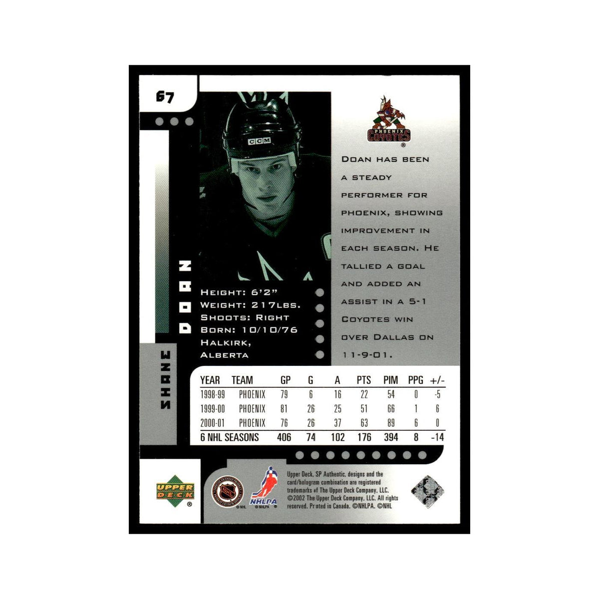 Shane Doan 2001 Upper Deck SP Authentic #67 Phoenix Coyotes Hockey Card NM