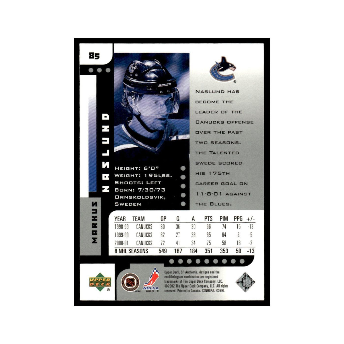 Markus Naslund 2001 Upper Deck SP Authentic #85 Vancouver Canucks Hockey Card NM