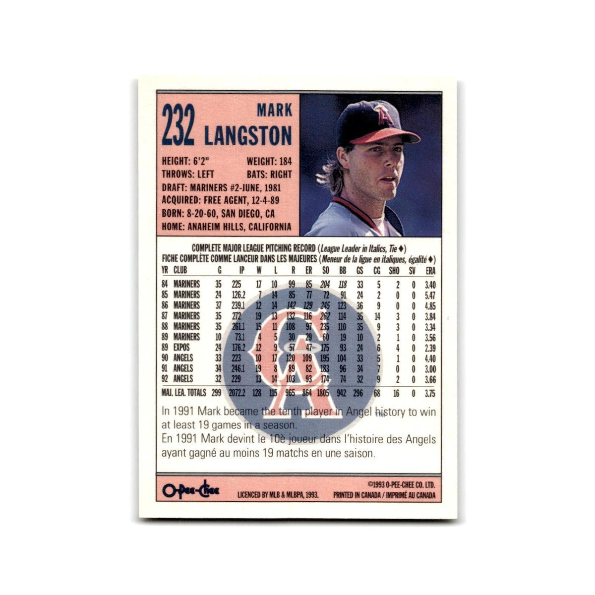Mark Langston 1993 O-Pee-Chee #232 California Angels Baseball Card NM