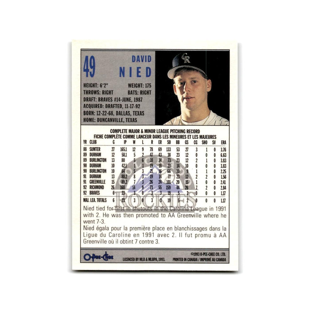David Nied 1993 O-Pee-Chee #49 Colorado Rockies Baseball Card NM