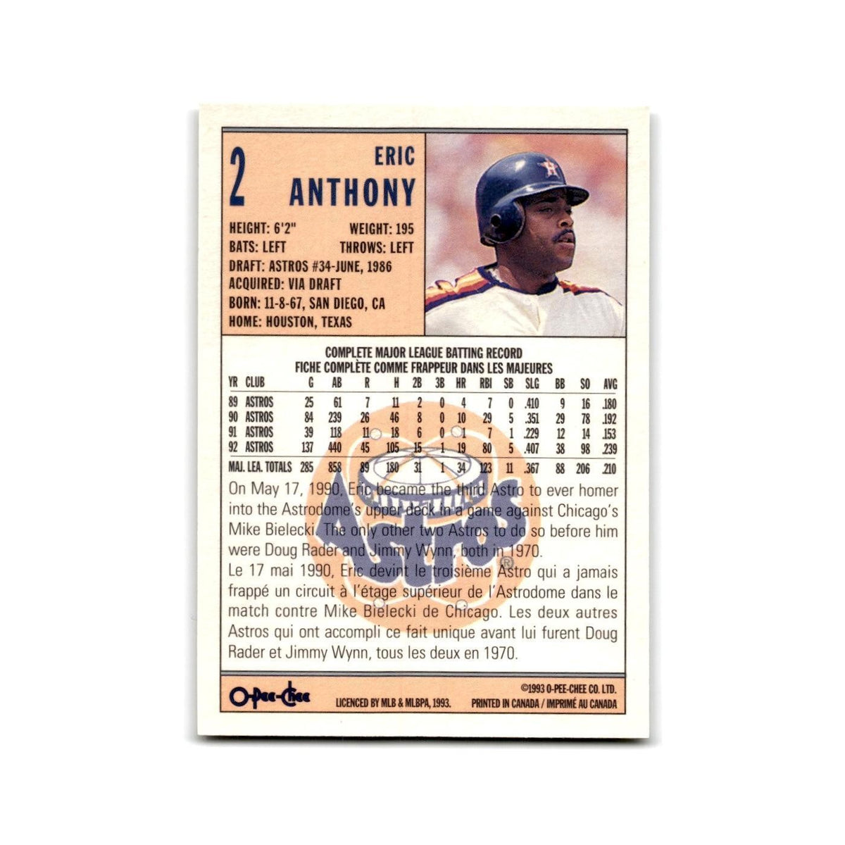 Eric Anthony 1993 O-Pee-Chee #2 Houston Astros Baseball Card NM